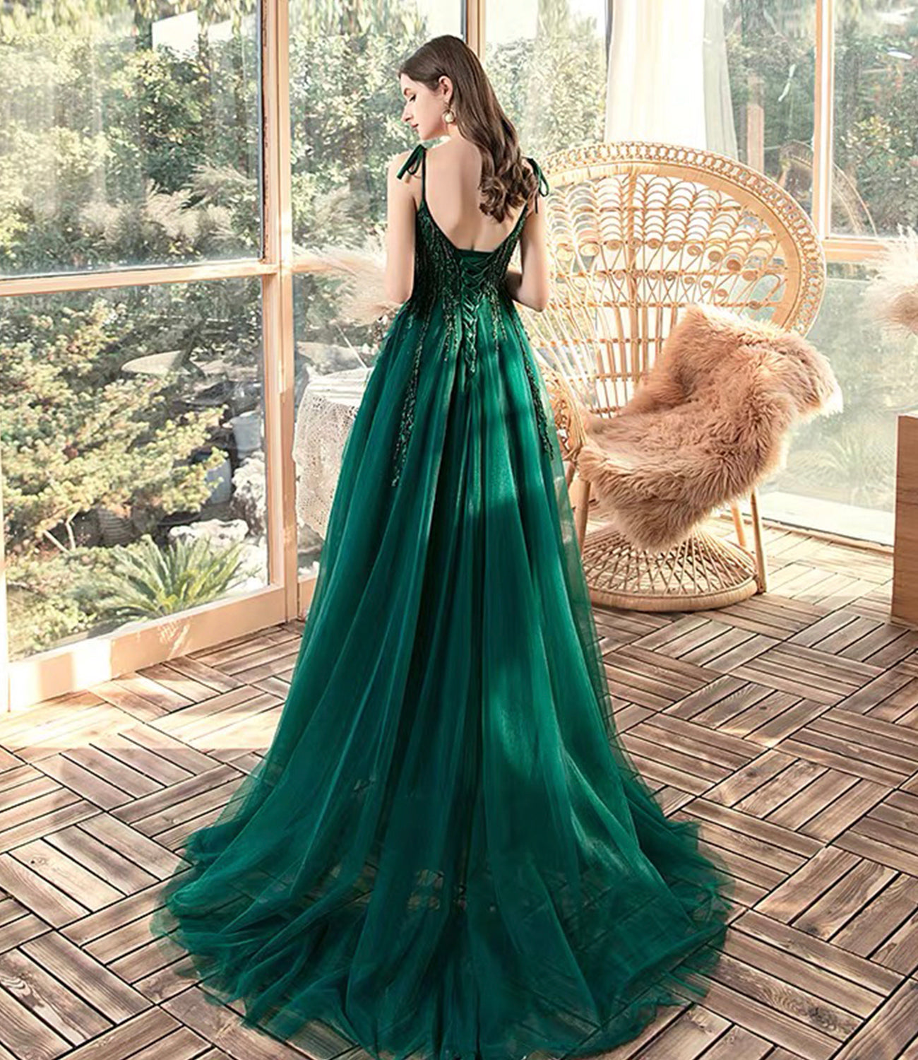 Green tulle lace long prom dress A line evening dress  10366