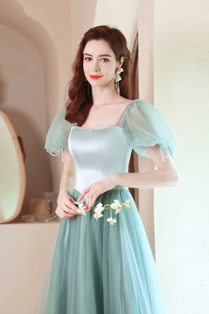 Green satin tulle long prom dress green evening dress  10618