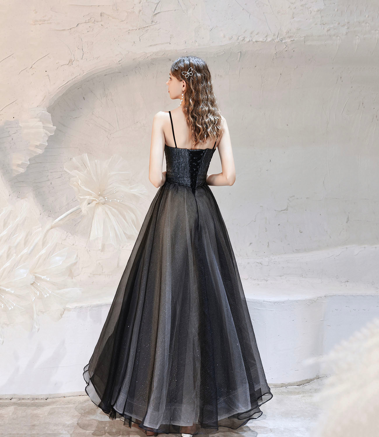 Black tulle long prom dress A line evening dress  10416