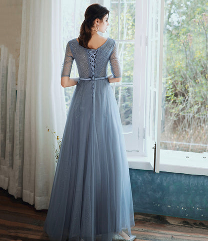 Blue tulle beads long prom dress A line evening gown  10333