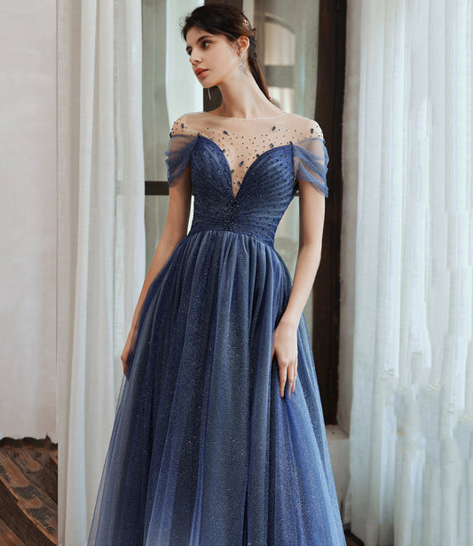 Blue tulle sequins long prom dress blue evening dress  10477
