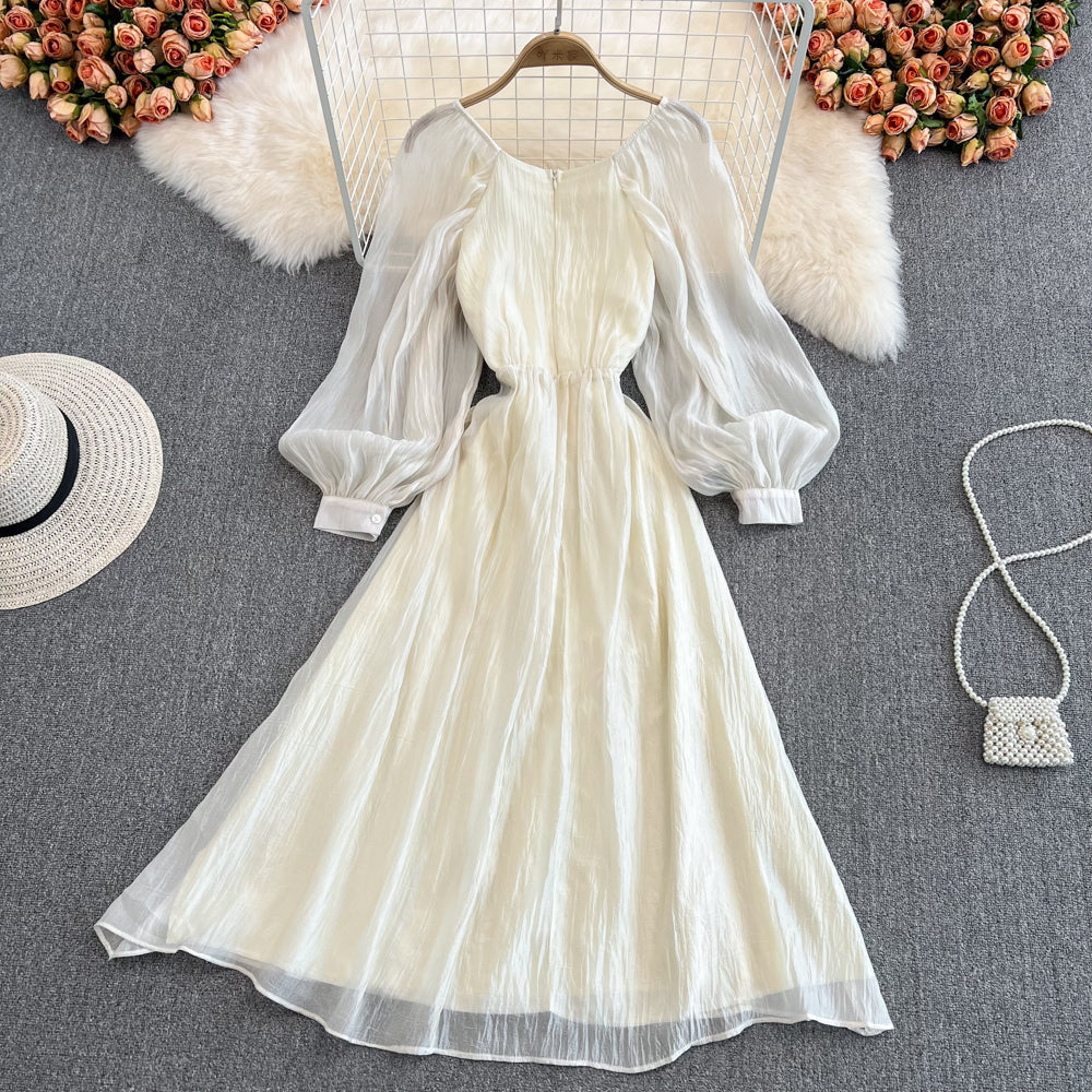 Champagne V Neck Long Sleeve Dress A Line Fashion Dress  10683