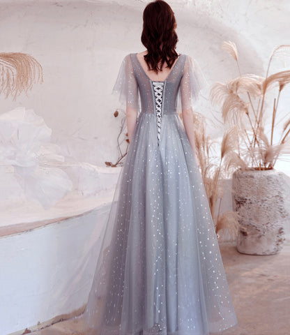 Gray tulle sequins long prom dress A line evening dress  10528