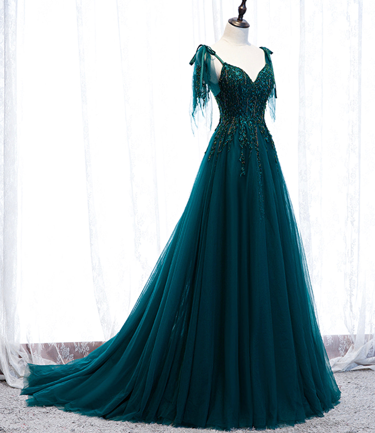 Green gorgeous exquisite beaded lace A-line long tulle ball gown evening dress 10357