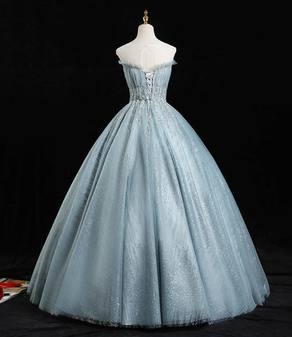 Blue tulle sequins long prom dress A line formal dress  10456
