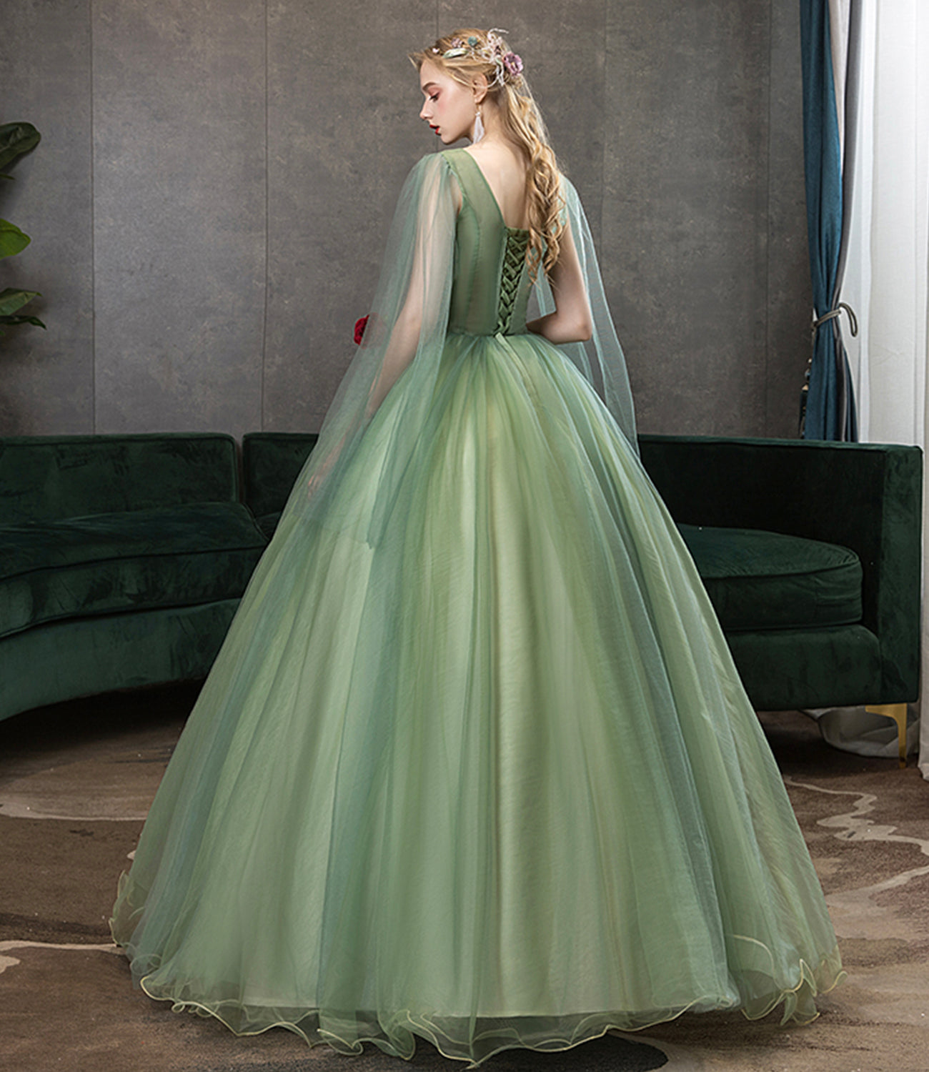Green tulle lace long prom dress A line evening gown  10342