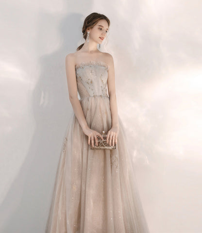 Champagne tulle sequins long prom dress A line evening dress  10472