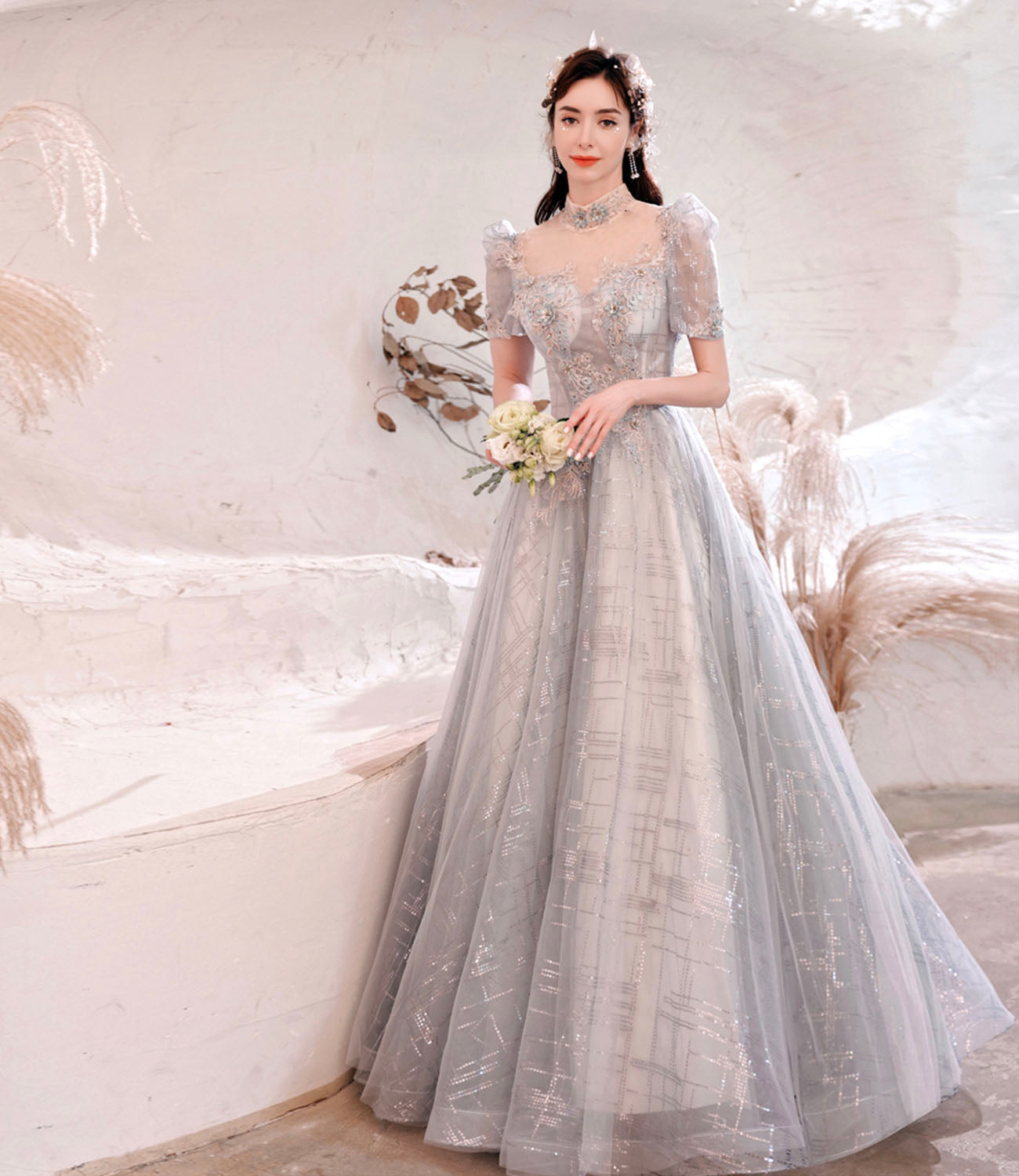 Gray tulle sequins long ball gown dress formal dress  10322