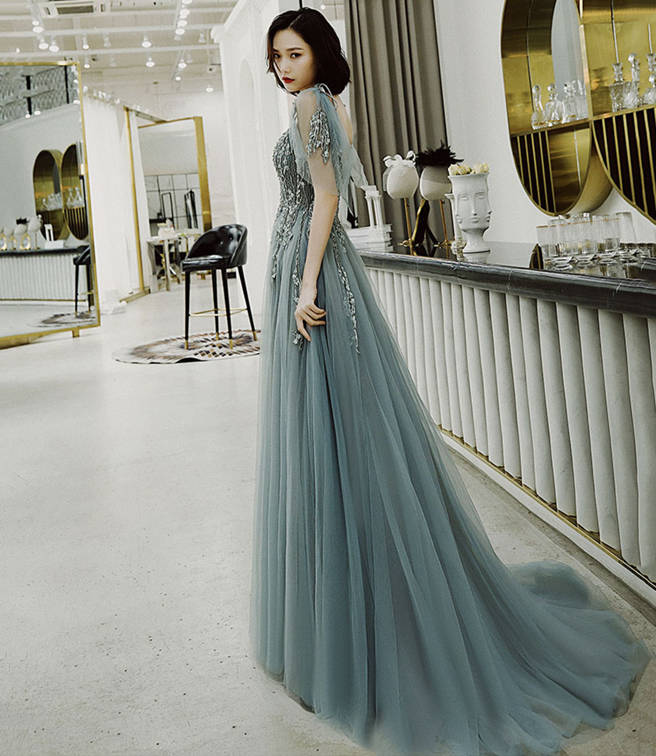 Cute tulle lace long prom dress A line evening dress  10422