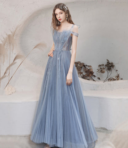 Blue tulle sequins long prom dress blue evening dress  10478