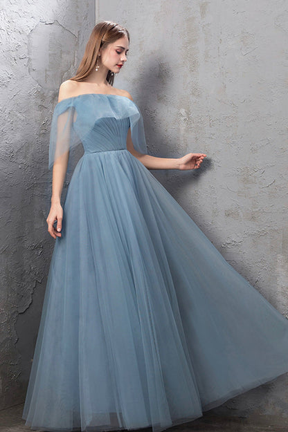Blue tulle long A line prom dress blue evening dress  10588