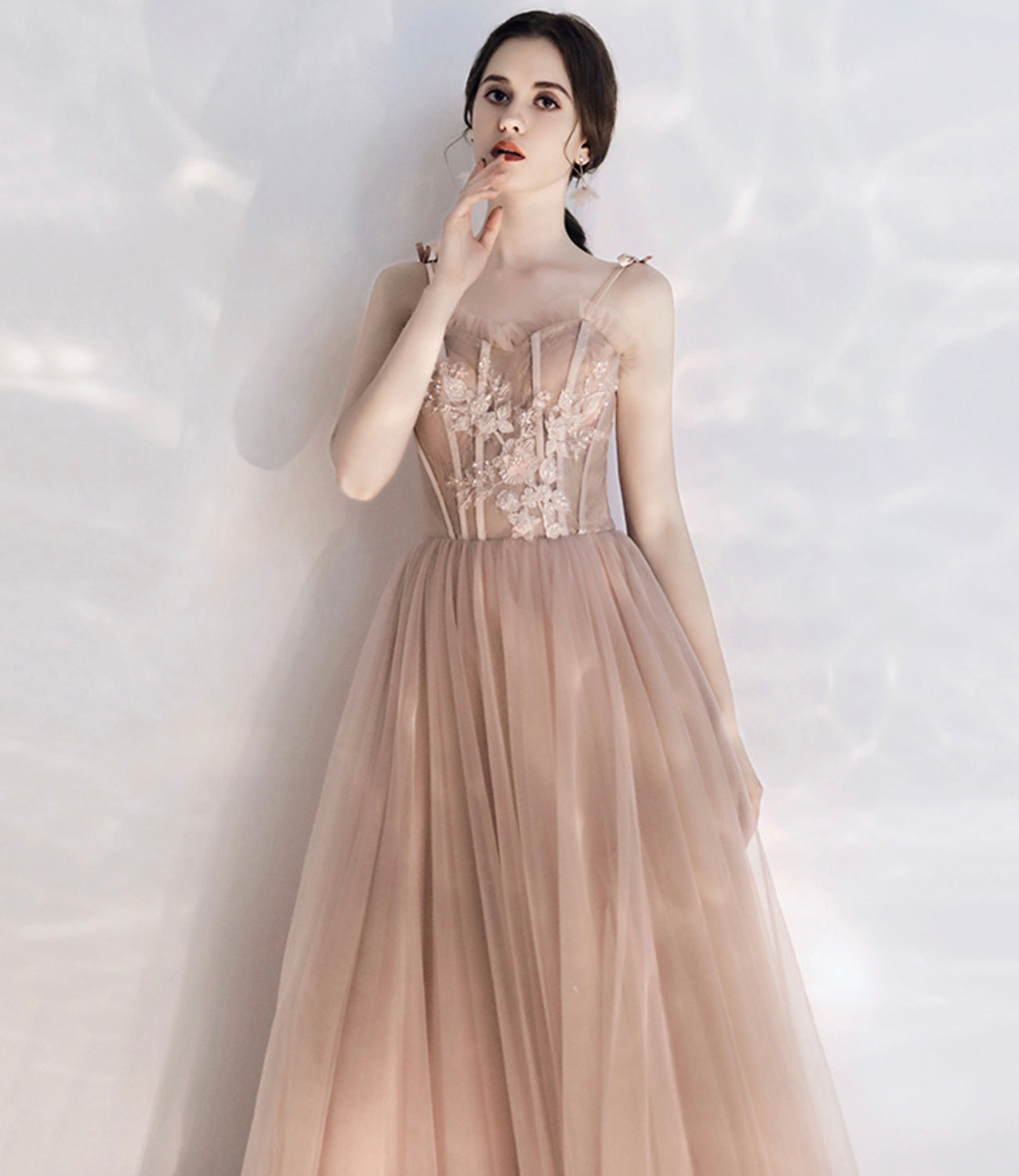 Stylish tulle lace long prom dress A line evening dress  10397