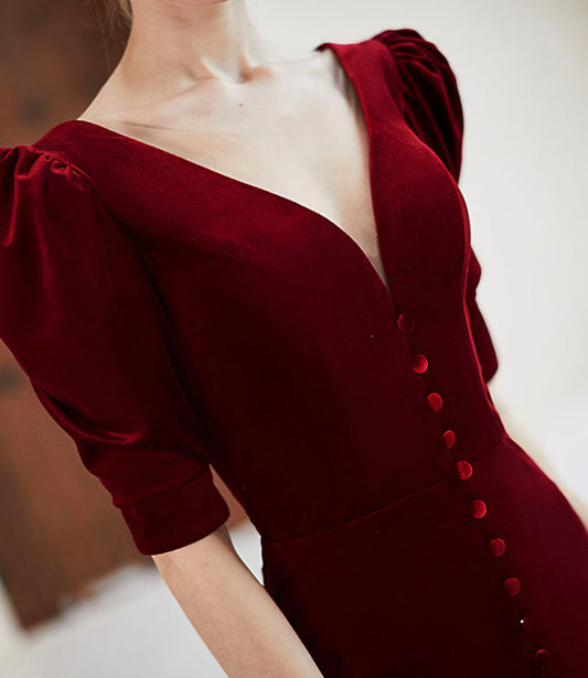 Burgundy velvet long prom dress mermaid evening dress  10414