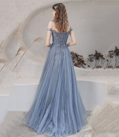 Blue tulle sequins long prom dress blue evening dress  10478