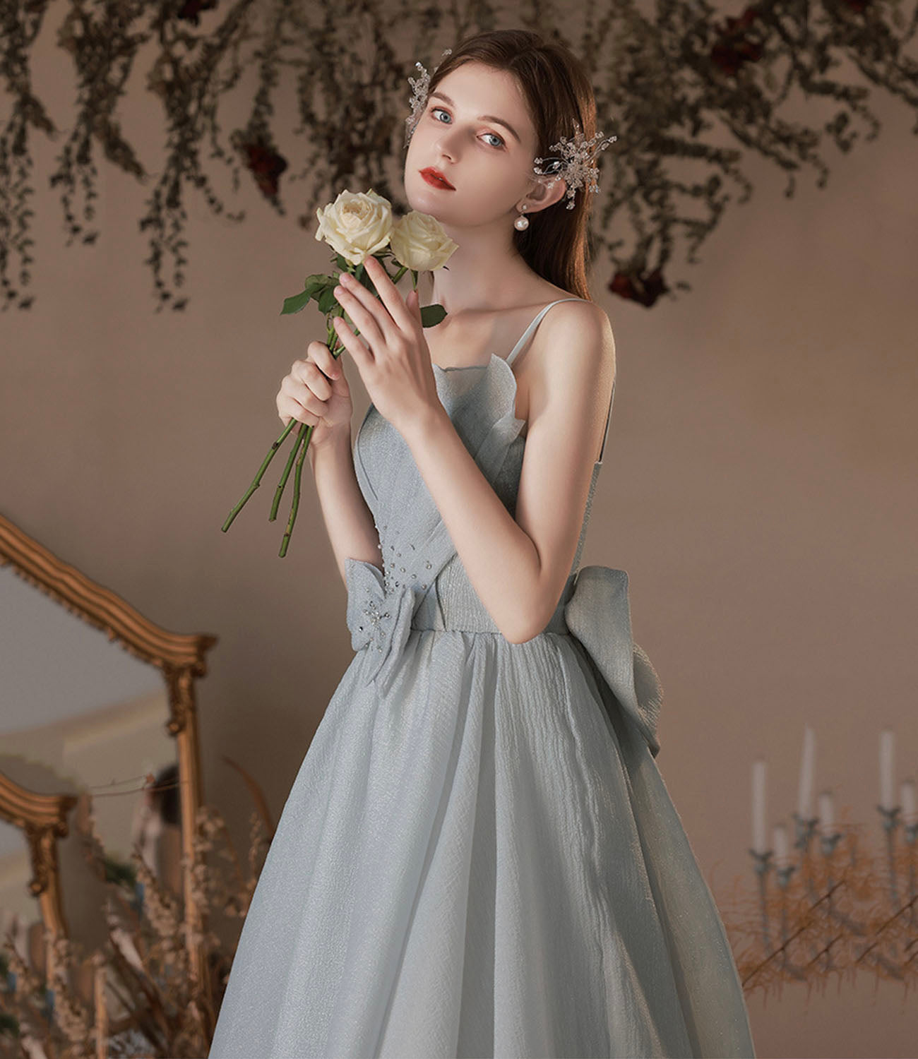 Gray soft chiffon long prom dress A line evening dress  10427