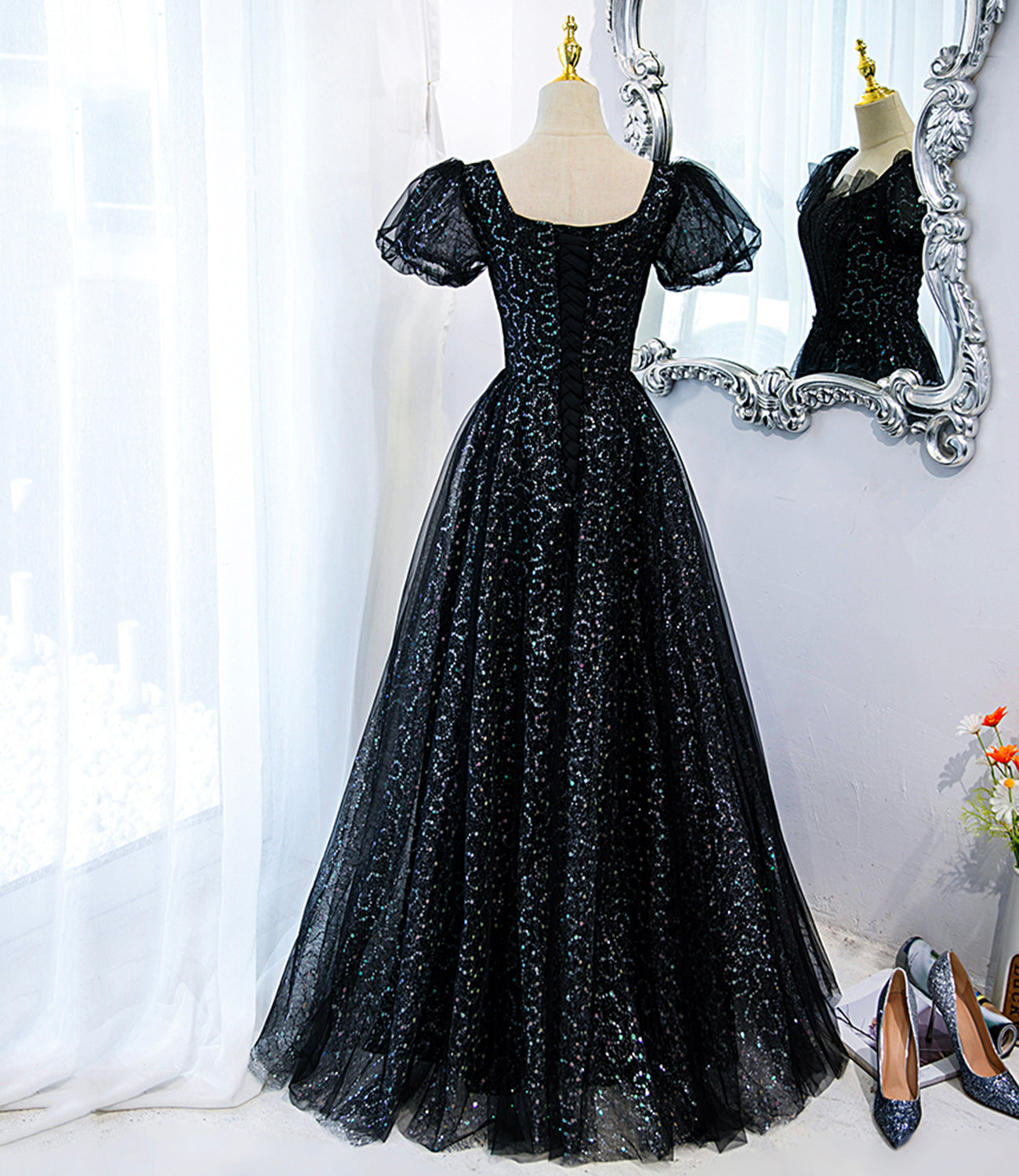 Black tulle sequins long prom dress black evening dress  10467