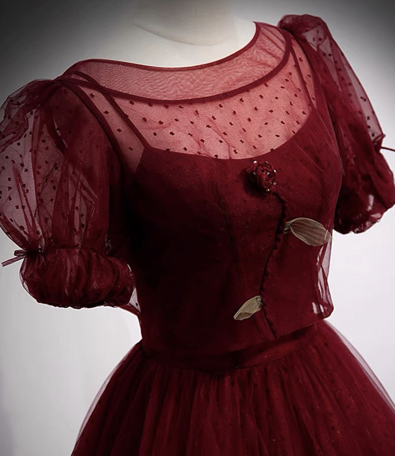 Burgundy tulle long prom dress two pieces evening dress  10328
