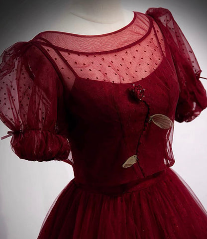 Burgundy tulle long prom dress two pieces evening dress  10328