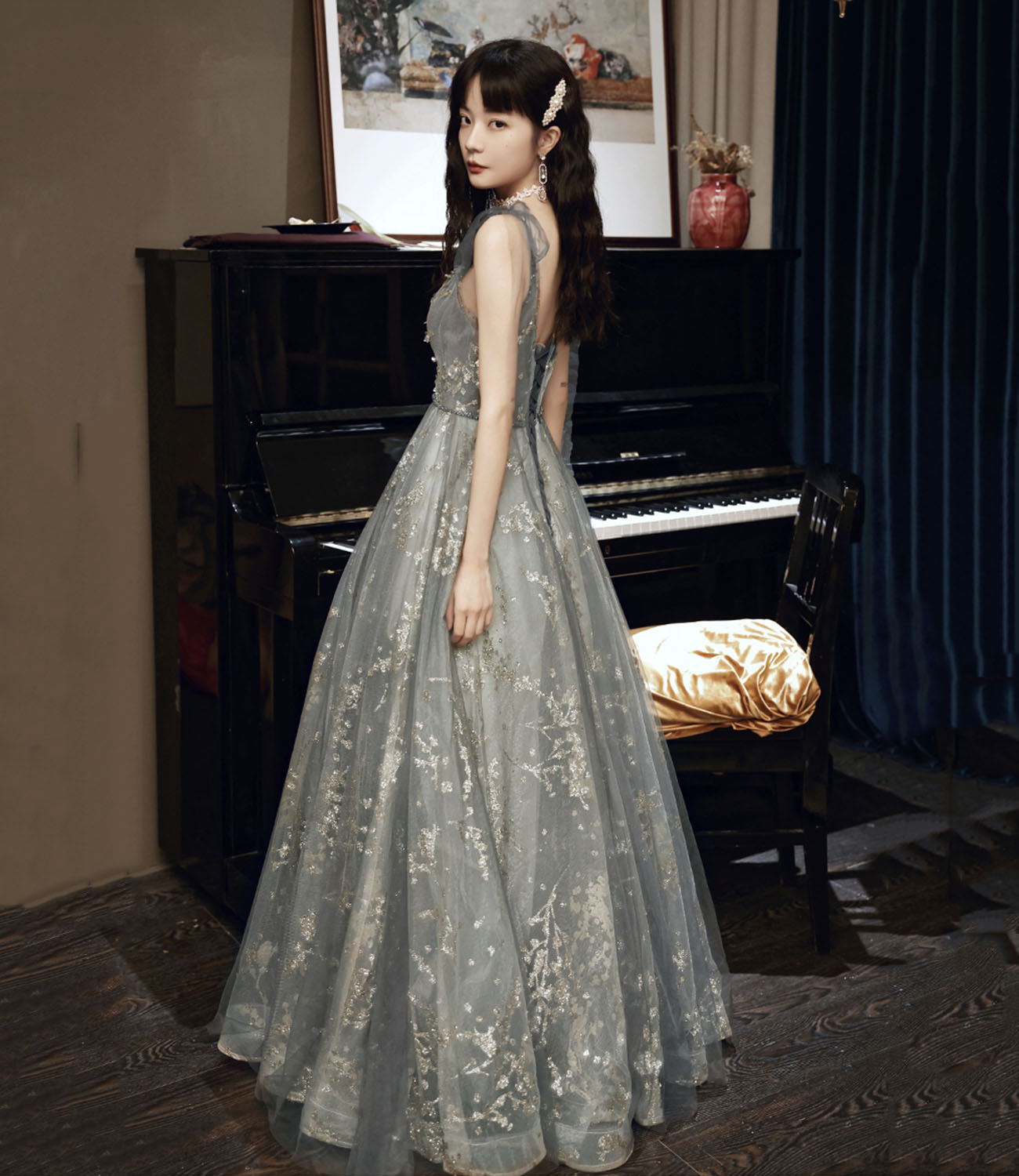 Gray tulle sequins A line prom dress gray evening dress  10433
