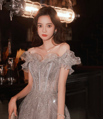 Gray tulle sequins long prom dress gray evening dress  10451