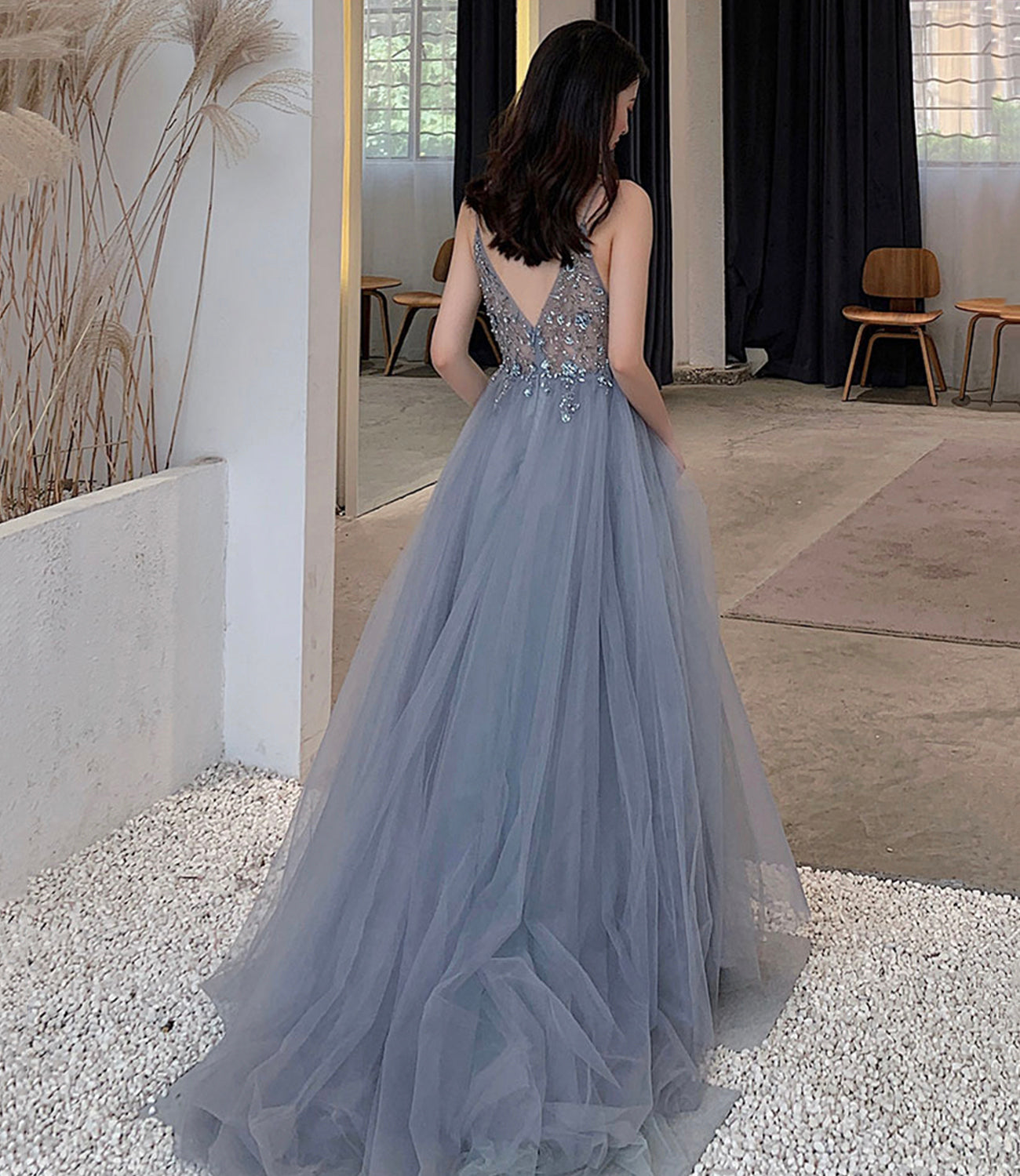 Blue tulle beads long prom dress blue evening dress  10453