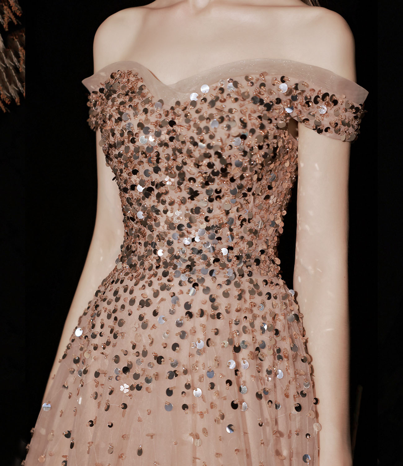 Shiny tulle sequins long prom dress A line evening gown  10415