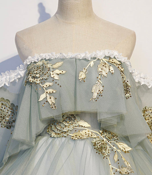 Green tulle lace long prom dress A line evening gown  10343