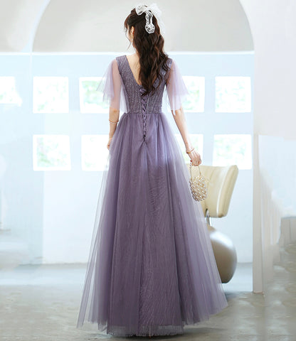 Purple tulle sequins long prom dress A line evening dress  10462