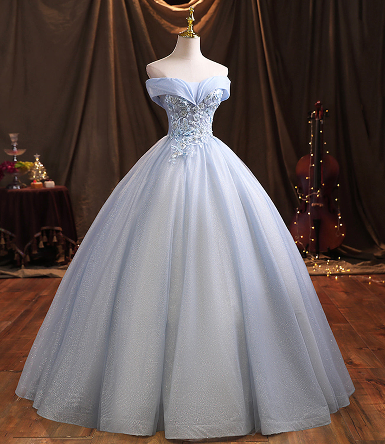 Blue tulle lace long ball gown dress formal dress  10386