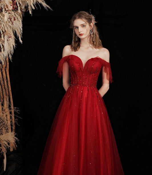 Burgundy tulle beads long prom dress A line evening gown  10428