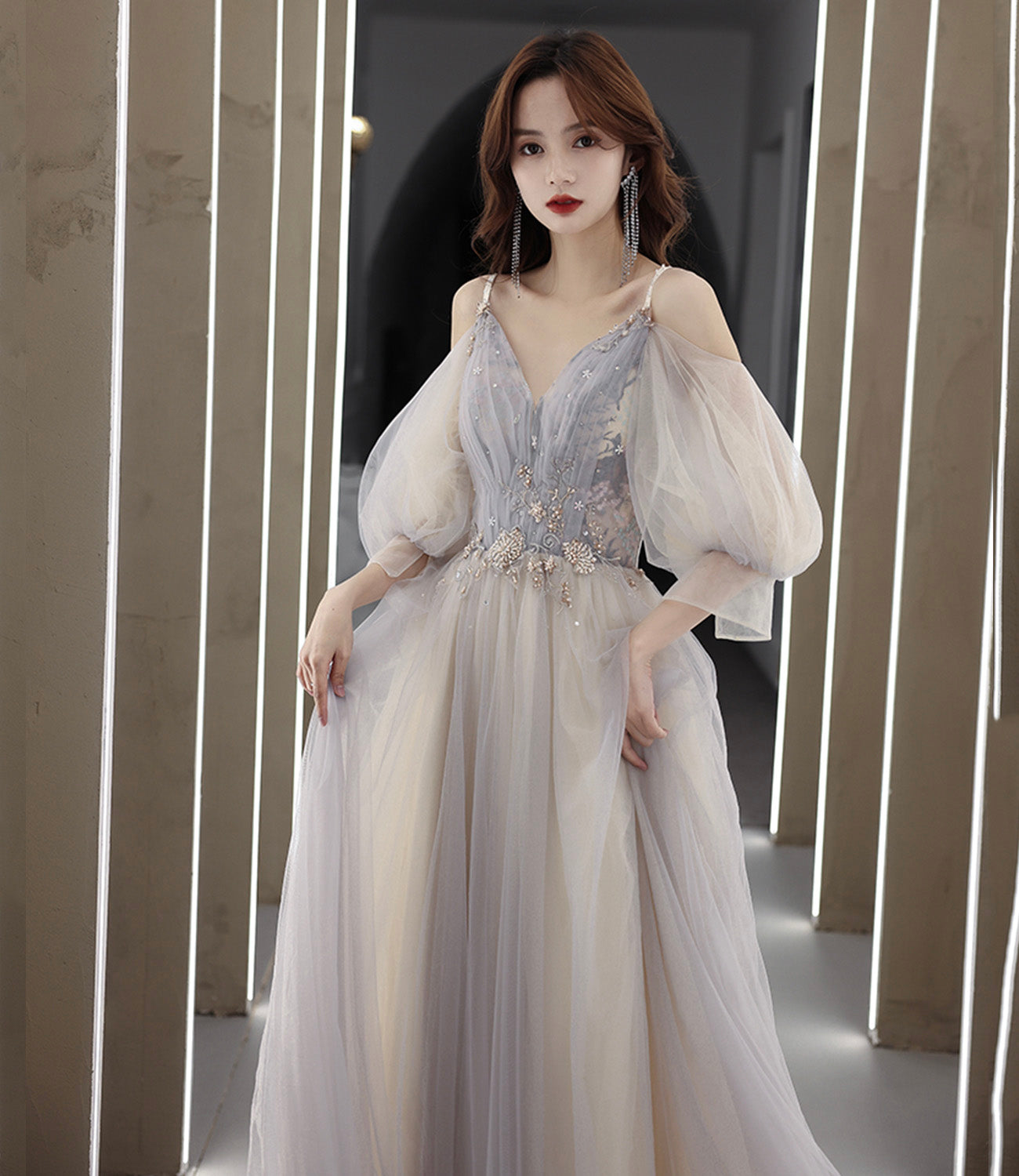 Cute tulle lace A line prom dress lace evening dress  10560