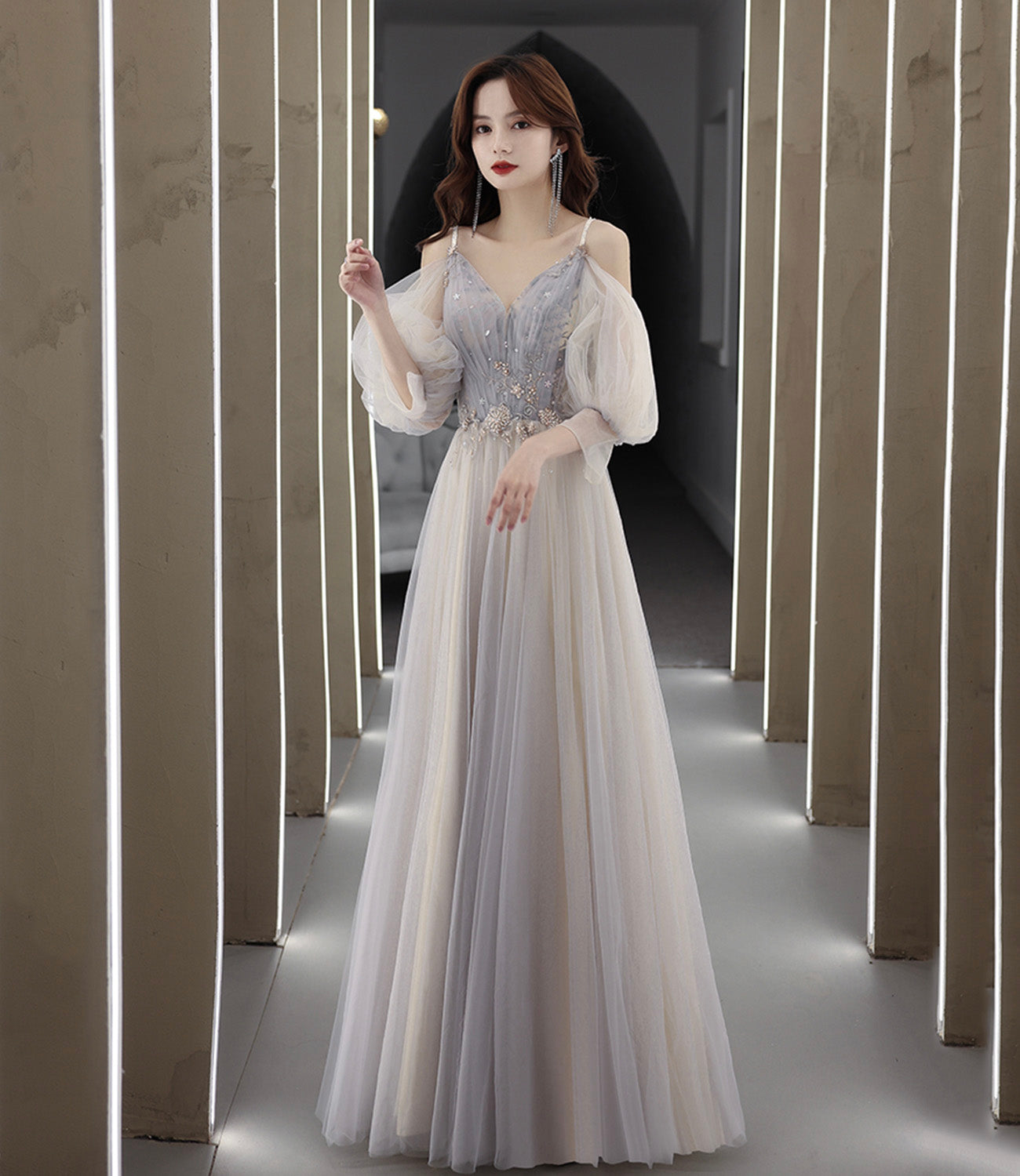 Cute tulle lace A line prom dress lace evening dress  10560