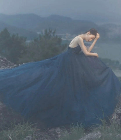 Blue tulle long prom dress A line evening gown  10424