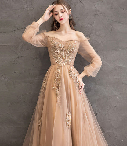 Elegant tulle lace long prom dress A line evening gown  10344