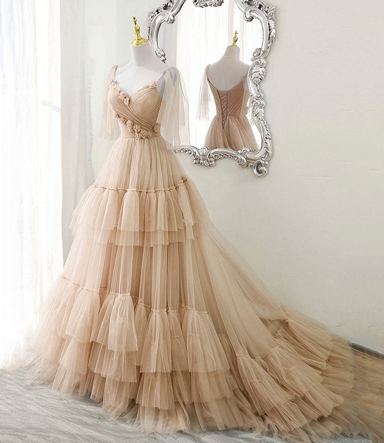 Blue tulle long A line prom dress blue evening dress  10551