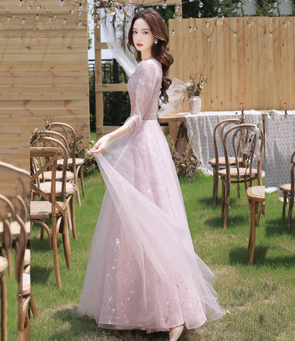 Pink tulle sequins long prom dress evening dress  10362