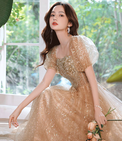Shiny tulle sequins long prom dress A line evening dress  10389