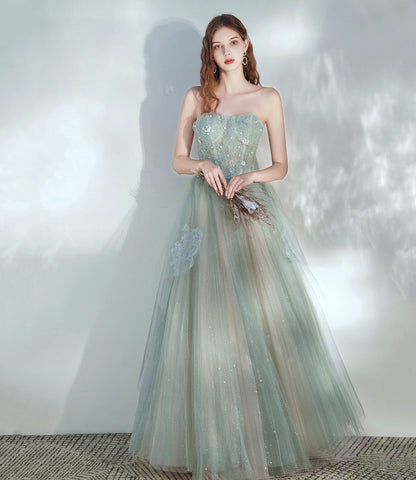 Green tulle lace long prom dress A line evening dress  10379