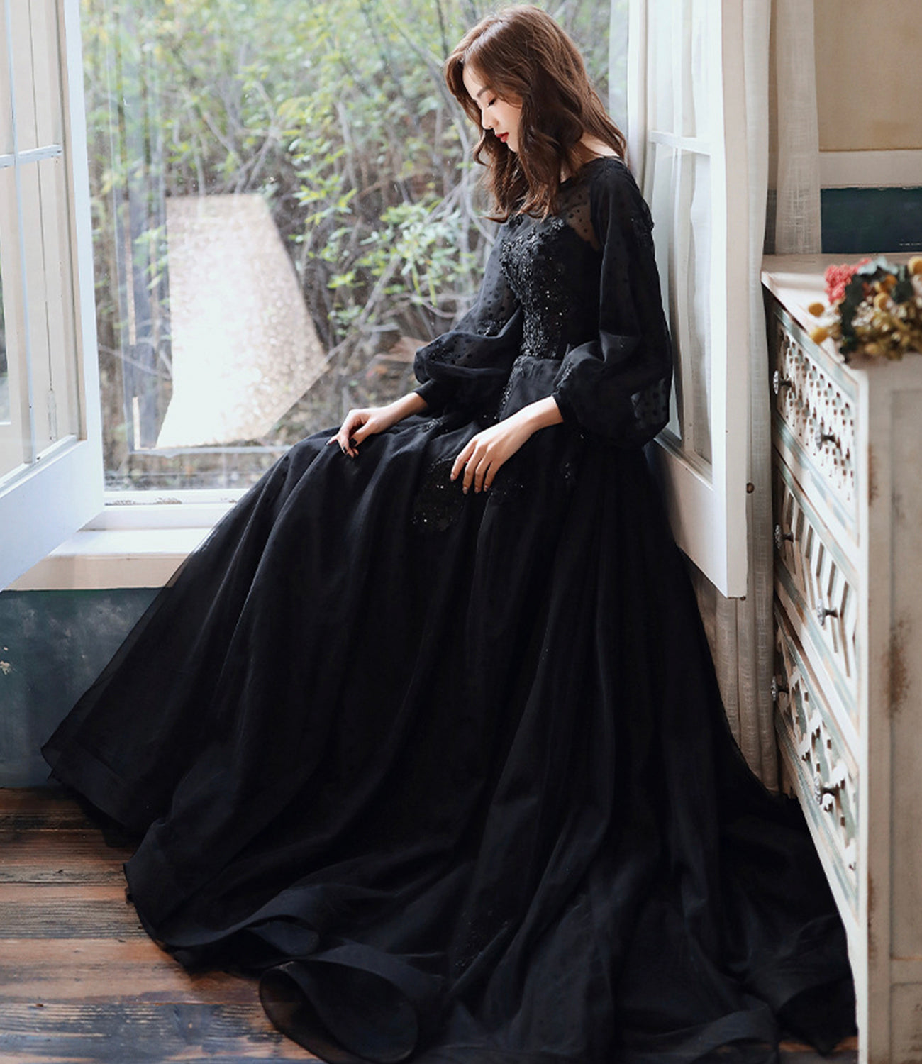 Black tulle lace long prom dress A line evening dress  10460