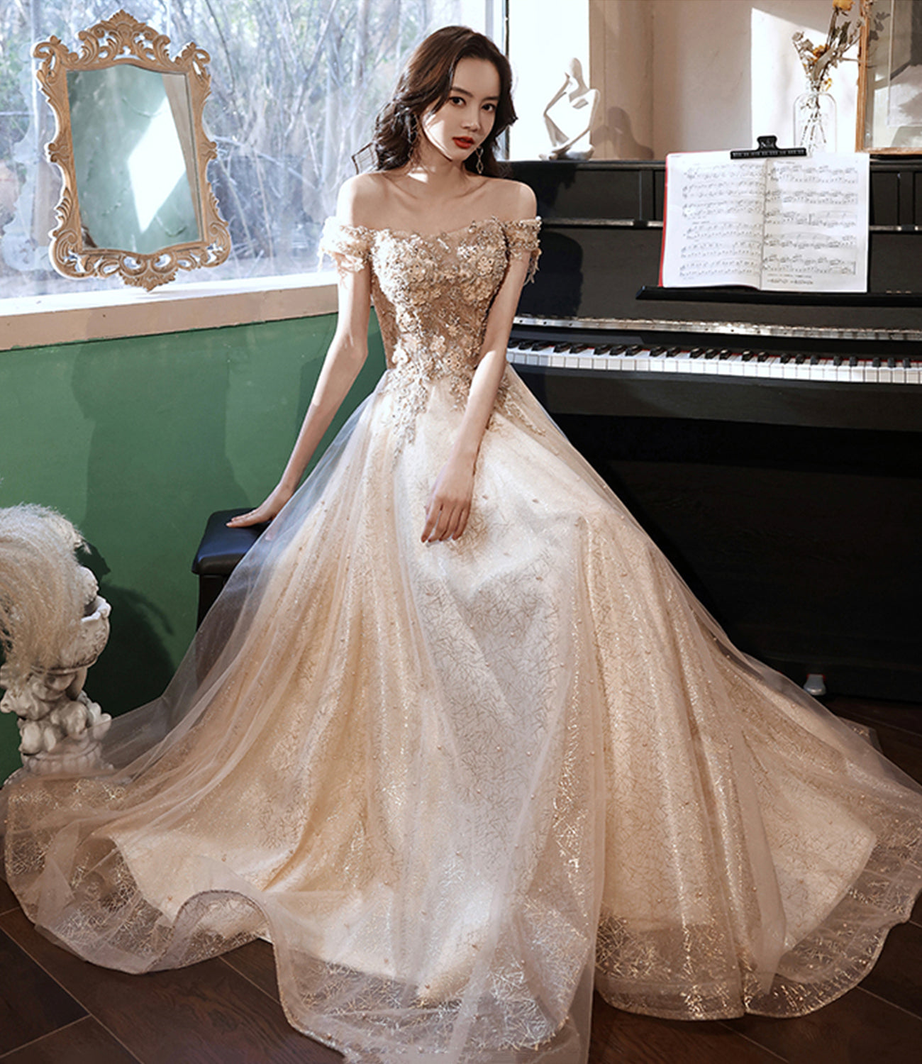 Champagne tulle lace long prom dress A line evening gown  10381