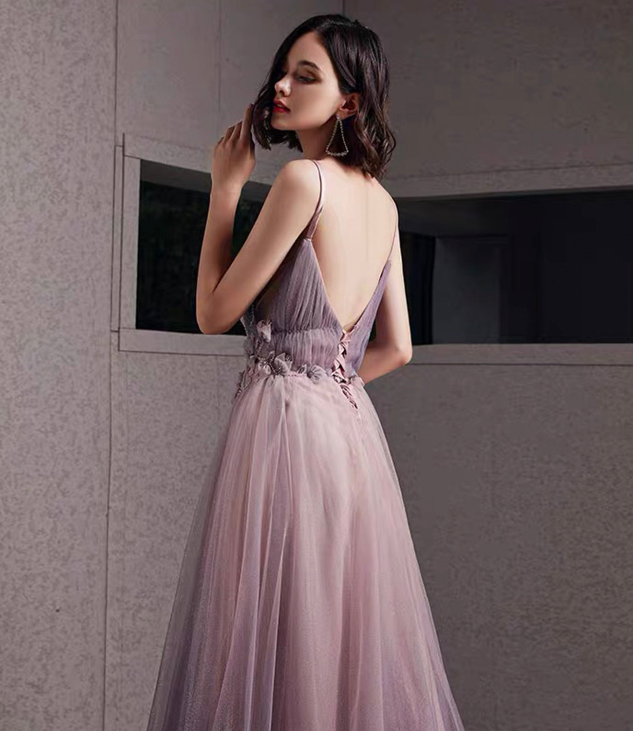 Purple tulle sequins long prom dress A line evening gown  10480