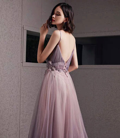 Purple tulle sequins long prom dress A line evening gown  10480