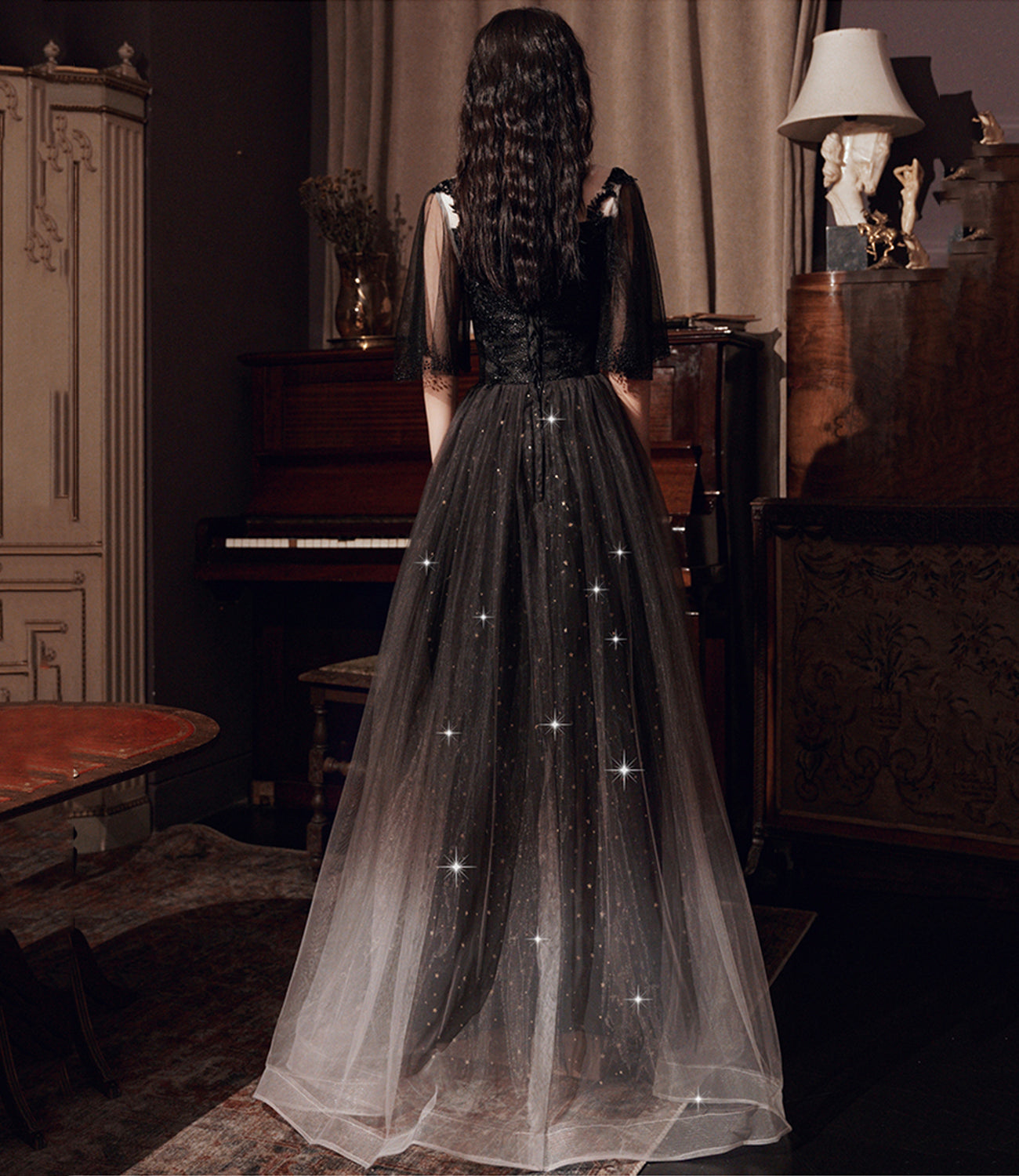 Black tulle lace long prom dress evening dress  10363
