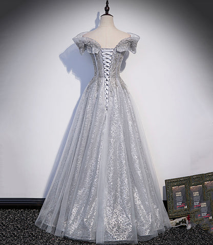 Gray tulle lace long prom dress A line evening gown  10406