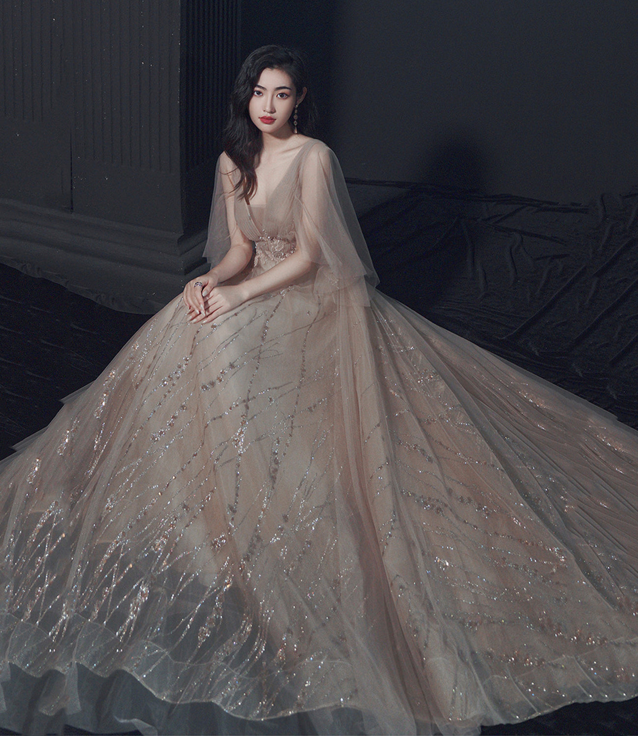 Champagne tulle lace long prom dress A line evening gown  10464