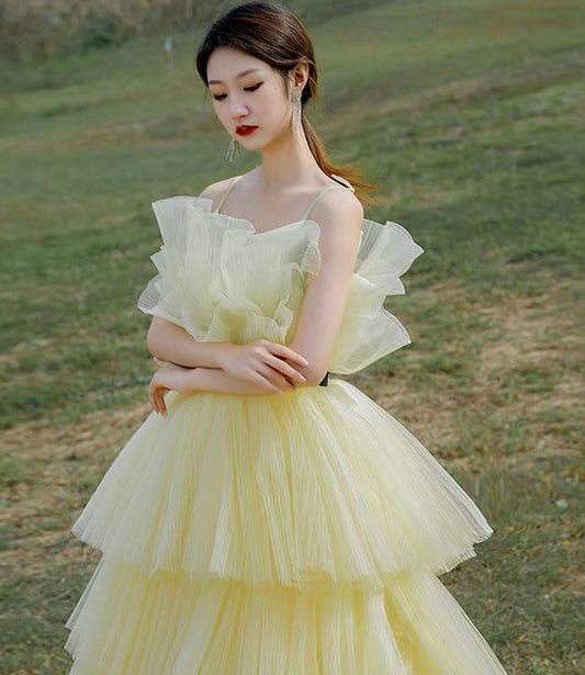 Yellow tulle long ball gown dress A line evening gown  10304