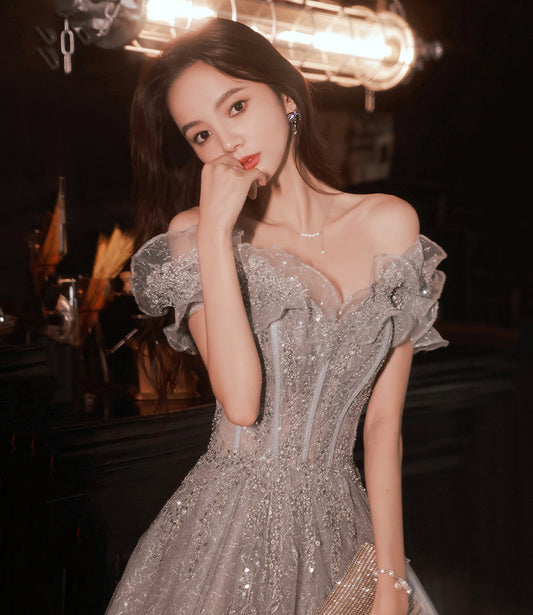 Gray tulle sequins long prom dress gray evening dress  10451