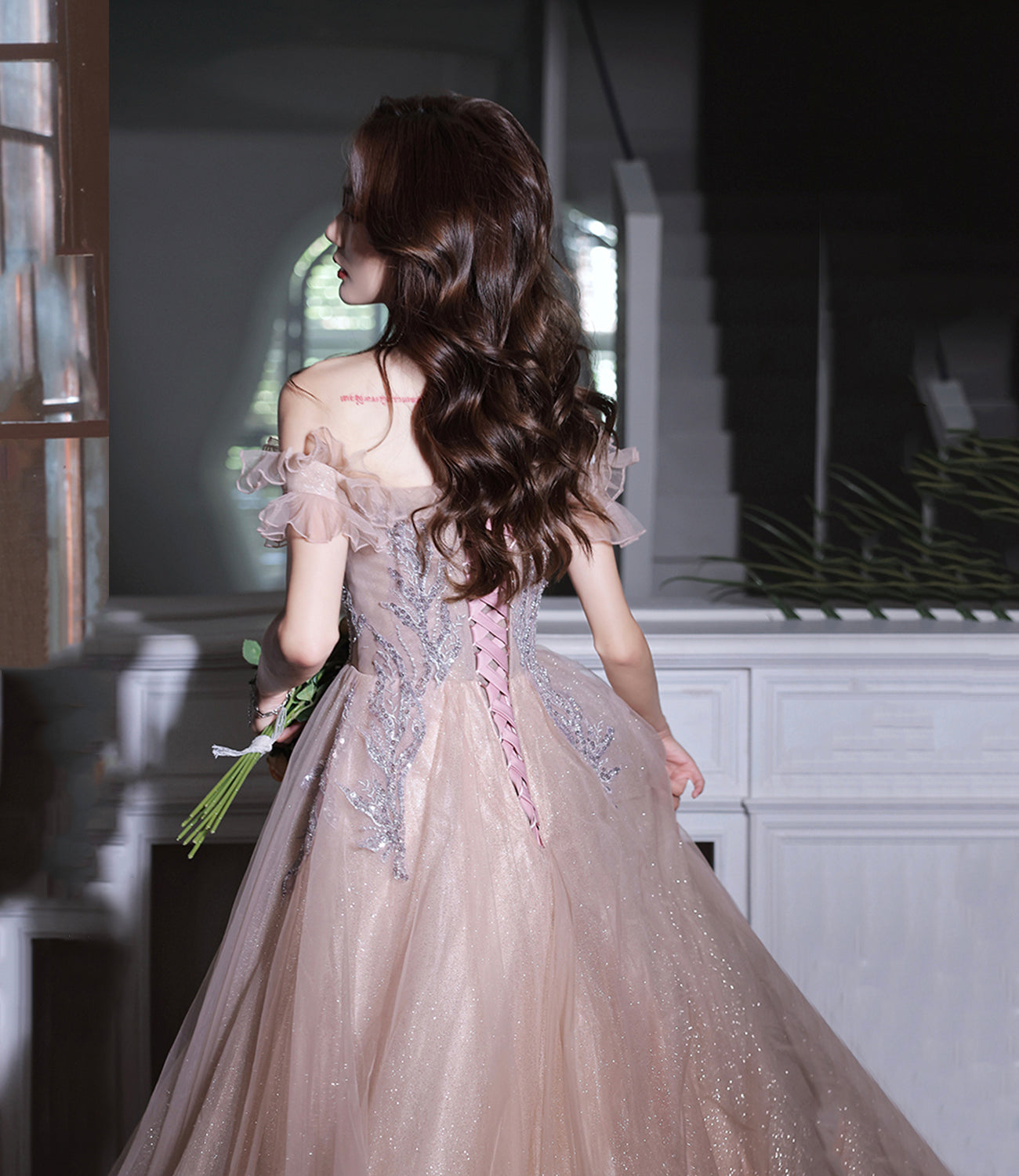 Champagne tulle long prom dress A line evening dress  10388