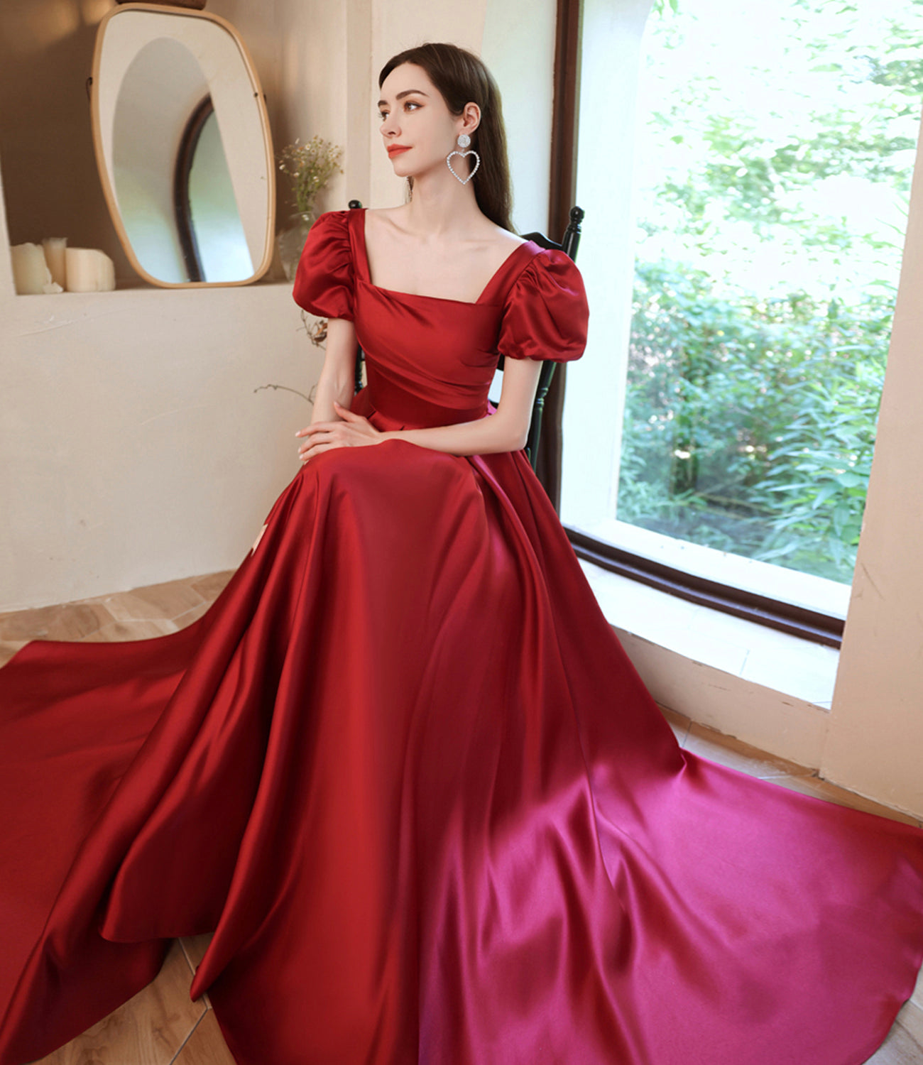 Red satin long A line prom dress red evening dress  10529