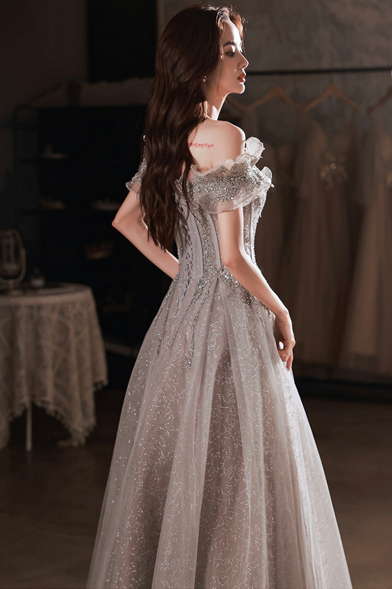 Gray tulle sequins long prom dress A line evening dress  10627
